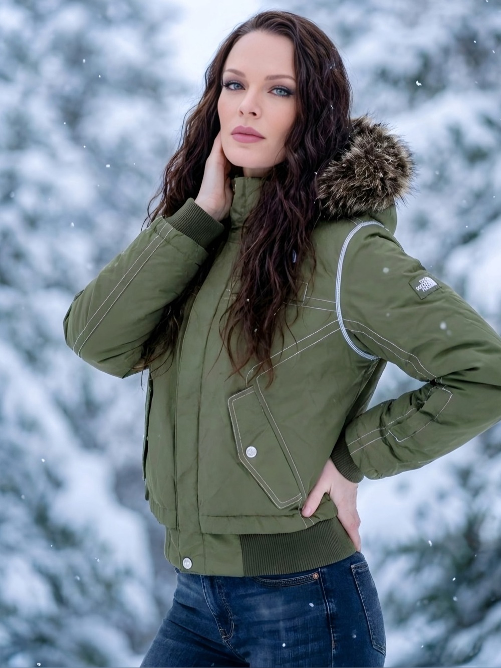 The North Face 600 HyVent Goose Down Puffer Jacket Green Fur Hood Medium - Picture 3 of 13